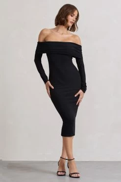 Intercept | Black Bodycon Bardot Tie-Back Midi Dress -Dress Shop WB CL132260002 InterceptBlackBodyconBardotTie BackMidiDress0