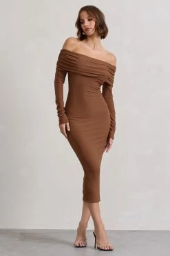 Intercept | Brown Bodycon Bardot Tie-Back Midi Dress -Dress Shop WB CL132260173 InterceptBrownBodyconBardotTie BackMidiDress0