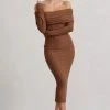 Intercept | Brown Bodycon Bardot Tie-Back Midi Dress -Dress Shop WB CL132260173 InterceptBrownBodyconBardotTie BackMidiDress2