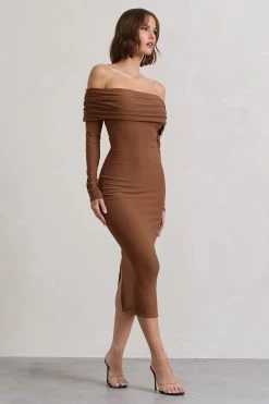 Intercept | Brown Bodycon Bardot Tie-Back Midi Dress -Dress Shop WB CL132260173 InterceptBrownBodyconBardotTie BackMidiDress6