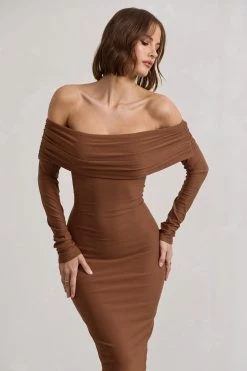 Intercept | Brown Bodycon Bardot Tie-Back Midi Dress -Dress Shop WB CL132260173 InterceptBrownBodyconBardotTie BackMidiDress9