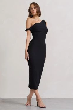 Salome | Black Twisted Asymmetric Midi Dress -Dress Shop WB CL132261002 SalomeBlackTwistedAsymmetricMidiDress3