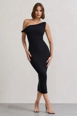 Salome | Black Twisted Asymmetric Midi Dress
