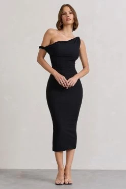 Salome | Black Twisted Asymmetric Midi Dress -Dress Shop WB CL132261002 SalomeBlackTwistedAsymmetricMidiDress5
