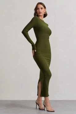 Wonder | Moss Green Bodycon Long-Sleeve Maxi Dress -Dress Shop WB CL132264119 WonderMossGreenBodyconLong SleeveMaxiDress10