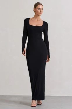Viva | Black Square-Neck Long-Sleeve Maxi Dress -Dress Shop WB CL132265002 VivaBlackSquare NeckFlared SleeveMaxiDress2