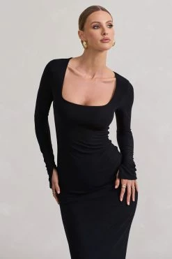 Viva | Black Square-Neck Long-Sleeve Maxi Dress -Dress Shop WB CL132265002 VivaBlackSquare NeckFlared SleeveMaxiDress5