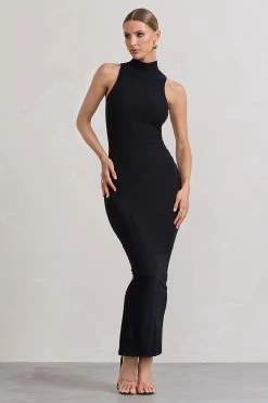 Mindy | Black Bodycon High-Neck Maxi Dress -Dress Shop WB CL132268002 MindyBlackBodyconHigh NeckMaxiDress1