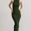 Mindy | Dark Green Bodycon High-Neck Maxi Dress