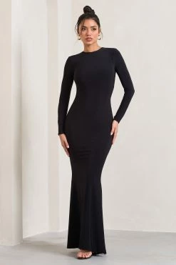 Donna | Black Long-Sleeved Open-Back Maxi Dress -Dress Shop WB CL133018002 DonnaBlackLong SleevedOpen BackMaxiDress0