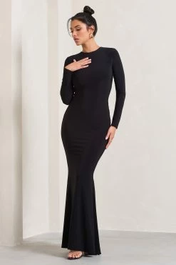 Donna | Black Long-Sleeved Open-Back Maxi Dress -Dress Shop WB CL133018002 DonnaBlackLong SleevedOpen BackMaxiDress2