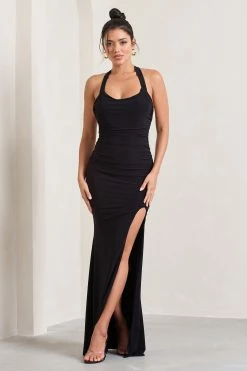 Idol | Black Halter-Neck Split Maxi Dress -Dress Shop WB CL133019002 IdolBlackHalter NeckSplitMaxiDress0