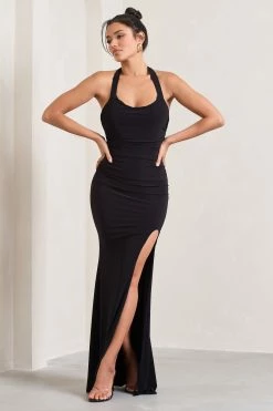 Idol | Black Halter-Neck Split Maxi Dress -Dress Shop WB CL133019002 IdolBlackHalter NeckSplitMaxiDress1