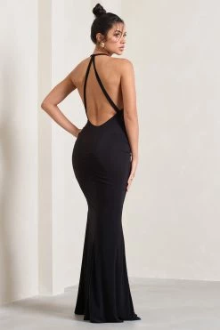 Idol | Black Halter-Neck Split Maxi Dress -Dress Shop WB CL133019002 IdolBlackHalter NeckSplitMaxiDress6
