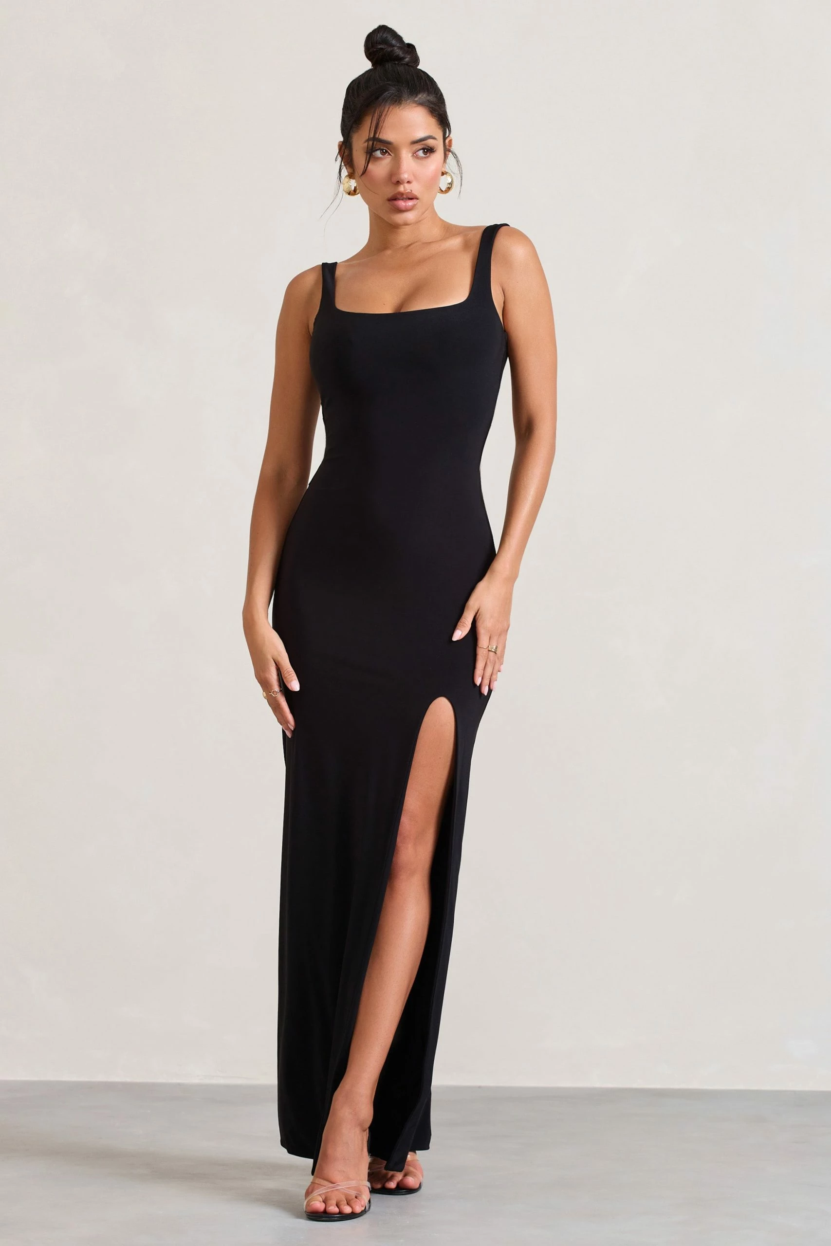 Elle | Black Square-Neck Open-Back Split Maxi Dress 3 Elle | Black Square-Neck Open-Back Split Maxi Dress