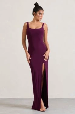 Elle | Plum Square-Neck Open-Back Split Maxi Dress -Dress Shop WB CL133020164 EllePlumSquare NeckOpen BackSplitMaxiDress3