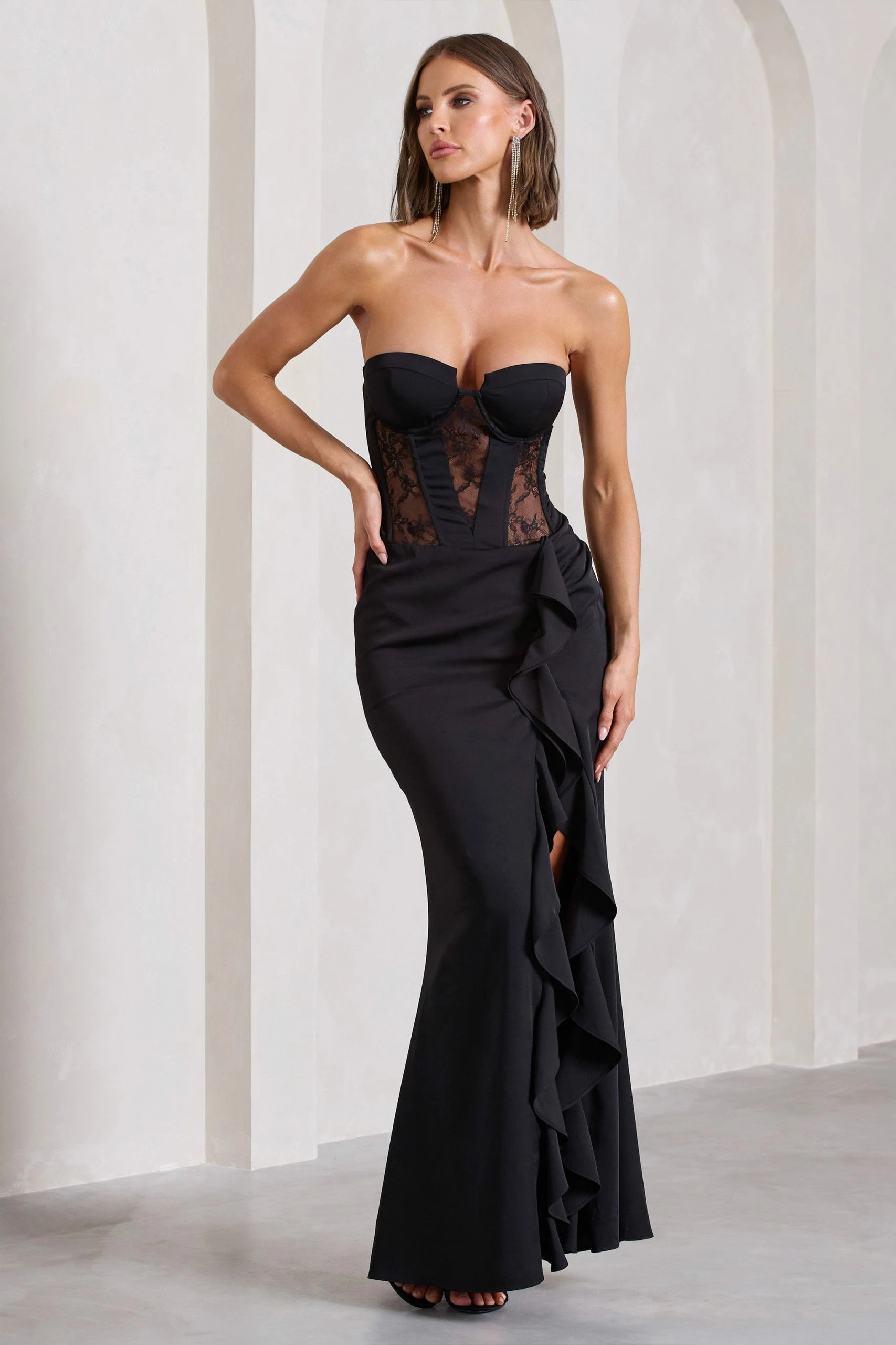 Attention Please | Black Strapless Lace Panelled Corset Split Maxi Dress 6 Attention Please | Black Strapless Lace Panelled Corset Split Maxi Dress - Image 4