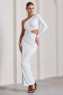 Reflection | White Embellished Cut-Out Asymmetric Split Maxi Dress -Dress Shop WB CL133025013 ReflectionSilverEmbellishedCut OutAsymmetricSplitMaxiDress4