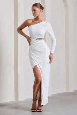 Reflection | White Embellished Cut-Out Asymmetric Split Maxi Dress -Dress Shop WB CL133025013 ReflectionSilverEmbellishedCut OutAsymmetricSplitMaxiDress5