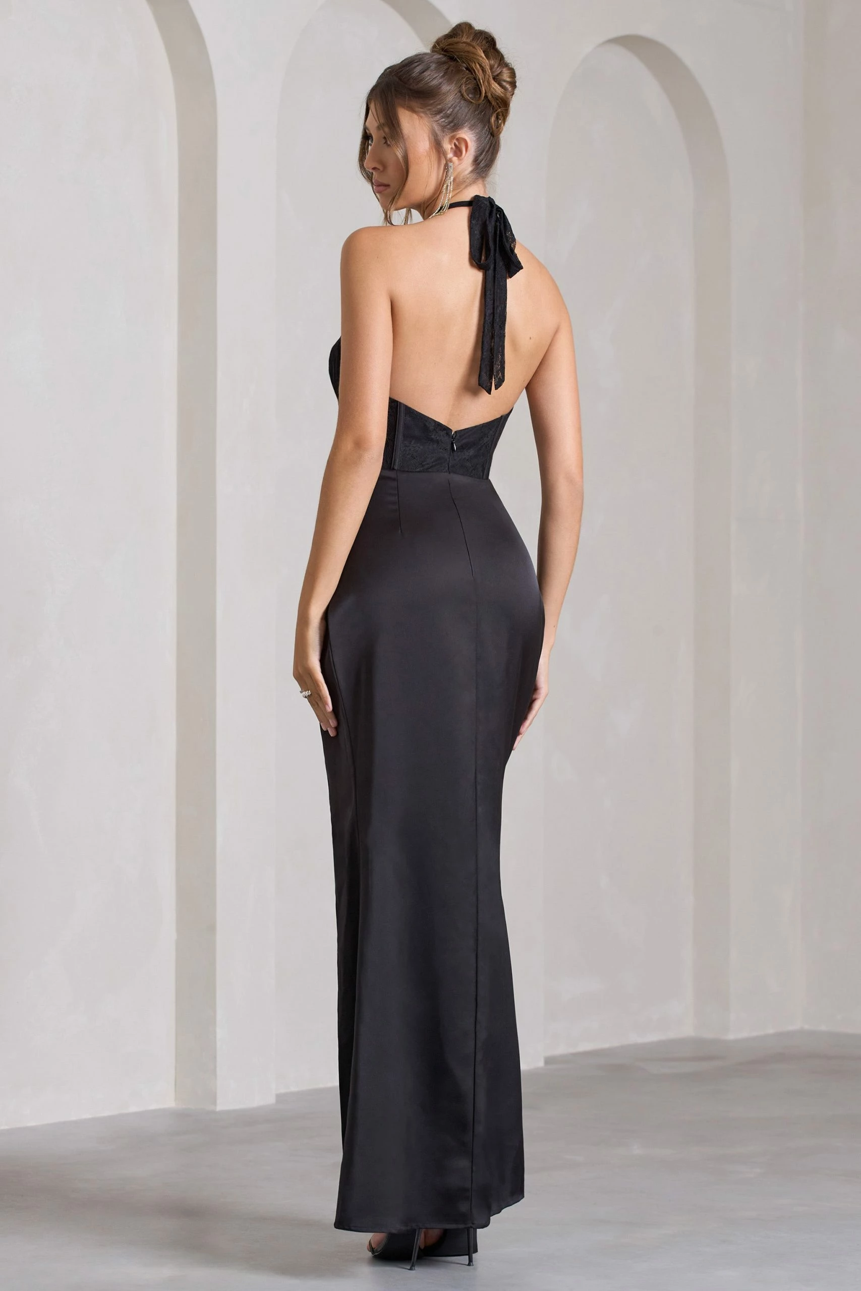 Evalina | Black High-Neck Open-Back Panelled Split Maxi Dress 4 Evalina | Black High-Neck Open-Back Panelled Split Maxi Dress - Image 2