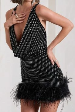 Mirror Me | Black Velvet Embellished Cowl-Neck Mini Dress With Feather Trim -Dress Shop WB CL133034002 MirrorMeBlackVelvetEmbellishedCowl NeckMiniDressWithFeatherTrim12