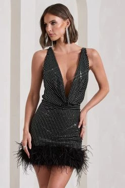 Mirror Me | Black Velvet Embellished Cowl-Neck Mini Dress With Feather Trim -Dress Shop WB CL133034002 MirrorMeBlackVelvetEmbellishedCowl NeckMiniDressWithFeatherTrim5