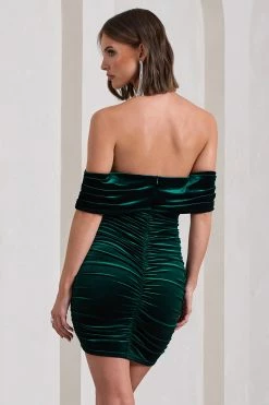 Little Glint | Bottle Green Velvet Ruched Bardot V-Neck Mini Dress -Dress Shop WB CL133038047 LittleGlintBottleGreenVelvetRuchedBardotV NeckMiniDress14copy