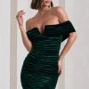 Little Glint | Bottle Green Velvet Ruched Bardot V-Neck Mini Dress