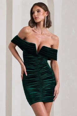 Little Glint | Bottle Green Velvet Ruched Bardot V-Neck Mini Dress -Dress Shop WB CL133038047 LittleGlintBottleGreenVelvetRuchedBardotV NeckMiniDress4copy