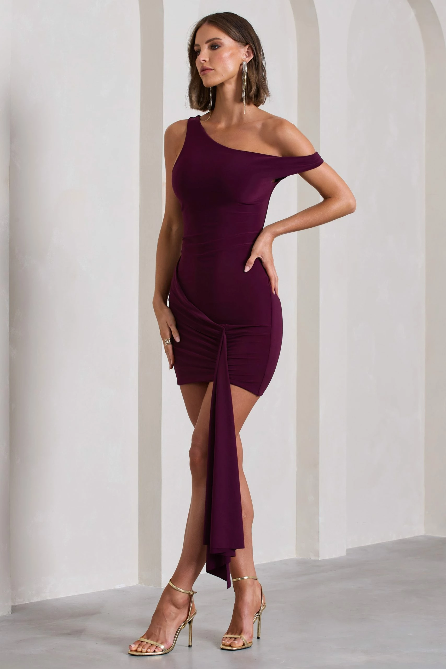 Arielle | Plum Asymmetric Mini Dress With Tie Sash 5 Arielle | Plum Asymmetric Mini Dress With Tie Sash - Image 3