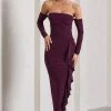 Montana | Plum Bardot Ruffle Maxi Dress -Dress Shop WB CL133102101 MontanaPlumBardotRuffleMaxiDress0