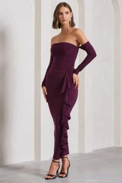 Montana | Plum Bardot Ruffle Maxi Dress -Dress Shop WB CL133102101 MontanaPlumBardotRuffleMaxiDress3