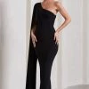 Kamila | Black Asymmetric Open-Back Maxi Dress With Cape Sleeve -Dress Shop WB CL133113002 KamilaBlackAsymmetricOpen BackMaxiDressWithCapeSleeve1