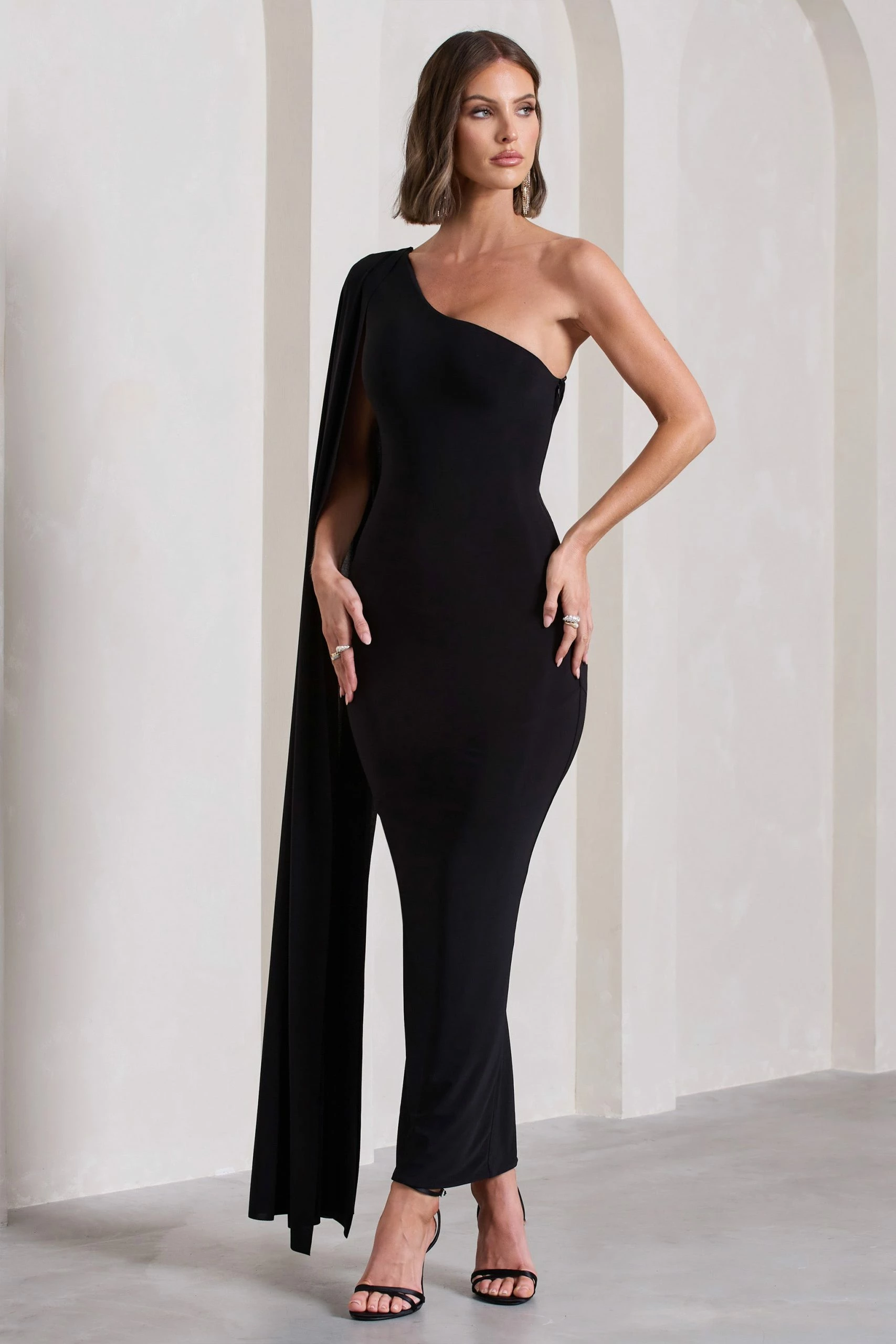 Kamila | Black Asymmetric Open-Back Maxi Dress With Cape Sleeve 3 Kamila | Black Asymmetric Open-Back Maxi Dress With Cape Sleeve