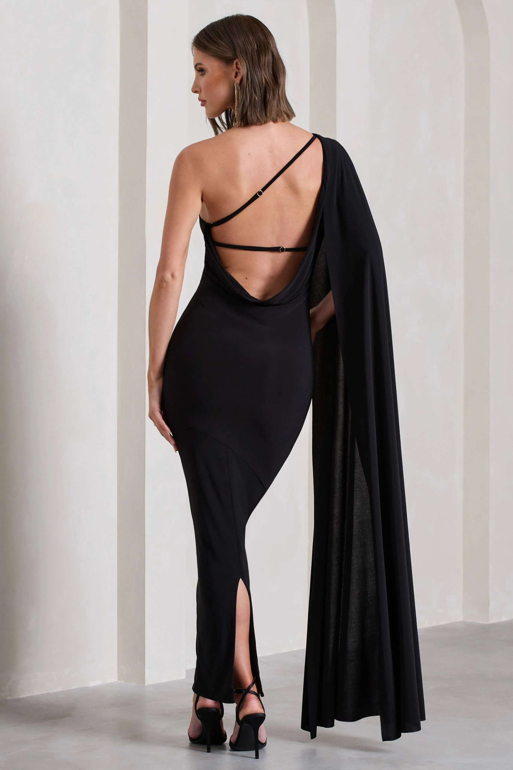 Kamila | Black Asymmetric Open-Back Maxi Dress With Cape Sleeve 4 Kamila | Black Asymmetric Open-Back Maxi Dress With Cape Sleeve - Image 2