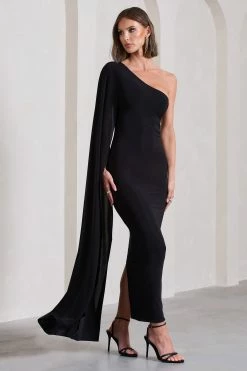 Kamila | Black Asymmetric Open-Back Maxi Dress With Cape Sleeve 11 Kamila | Black Asymmetric Open-Back Maxi Dress With Cape Sleeve -Dress Shop WB CL133113002 KamilaBlackAsymmetricOpen BackMaxiDressWithCapeSleeve8