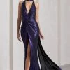 Lost | Purple Metallic Halter-Neck Cut-Out Split Maxi Dress With Drape -Dress Shop WB CL133124104 LostPurpleMetallicHalter NeckCut OutSplitMaxiDressWithDrape0