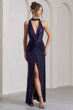 Lost | Purple Metallic Halter-Neck Cut-Out Split Maxi Dress With Drape -Dress Shop WB CL133124104 LostPurpleMetallicHalter NeckCut OutSplitMaxiDressWithDrape2