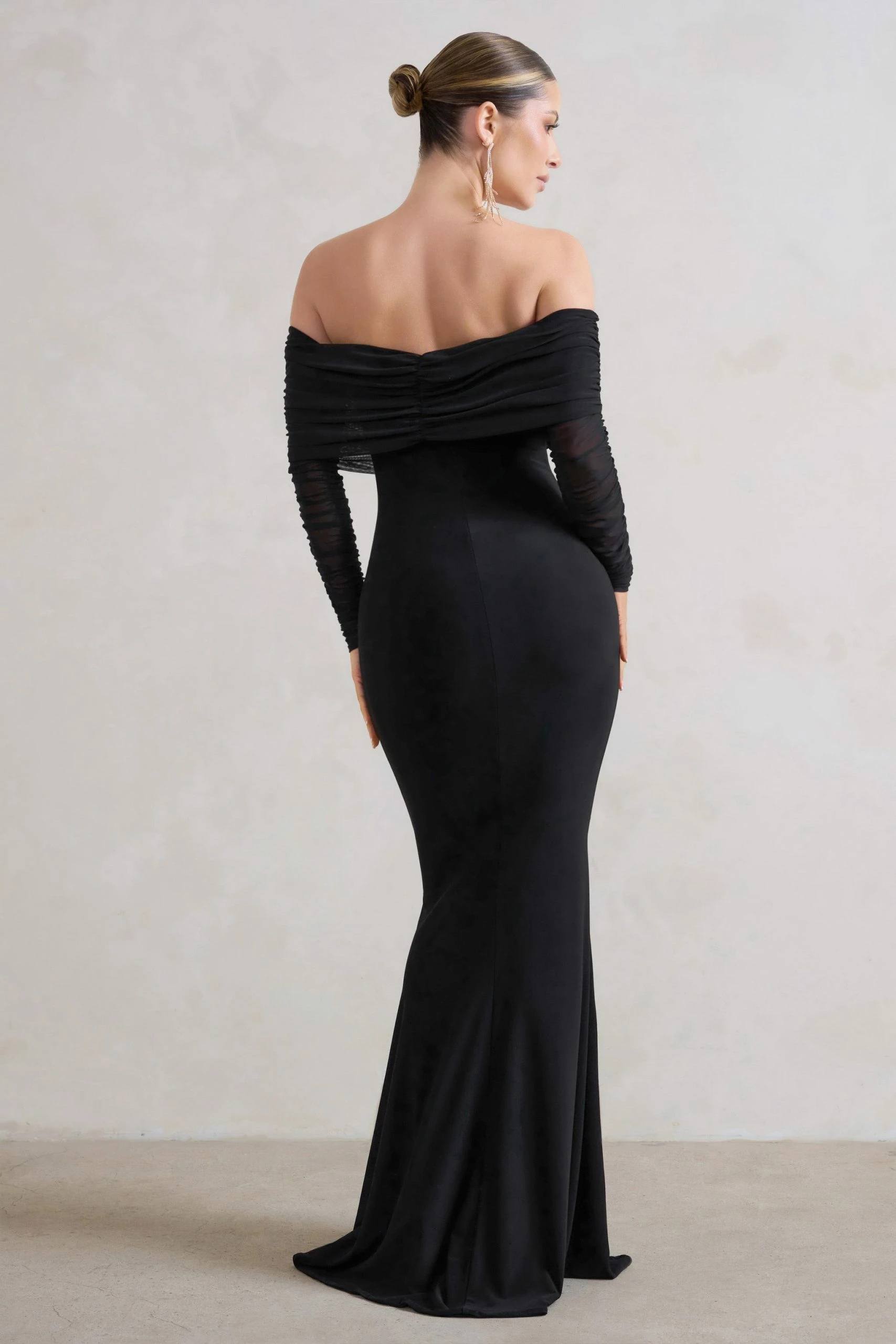 Madeleine | Black Fishtail Maxi Dress With Bardot Mesh Long Sleeves 5 Madeleine | Black Fishtail Maxi Dress With Bardot Mesh Long Sleeves - Image 3