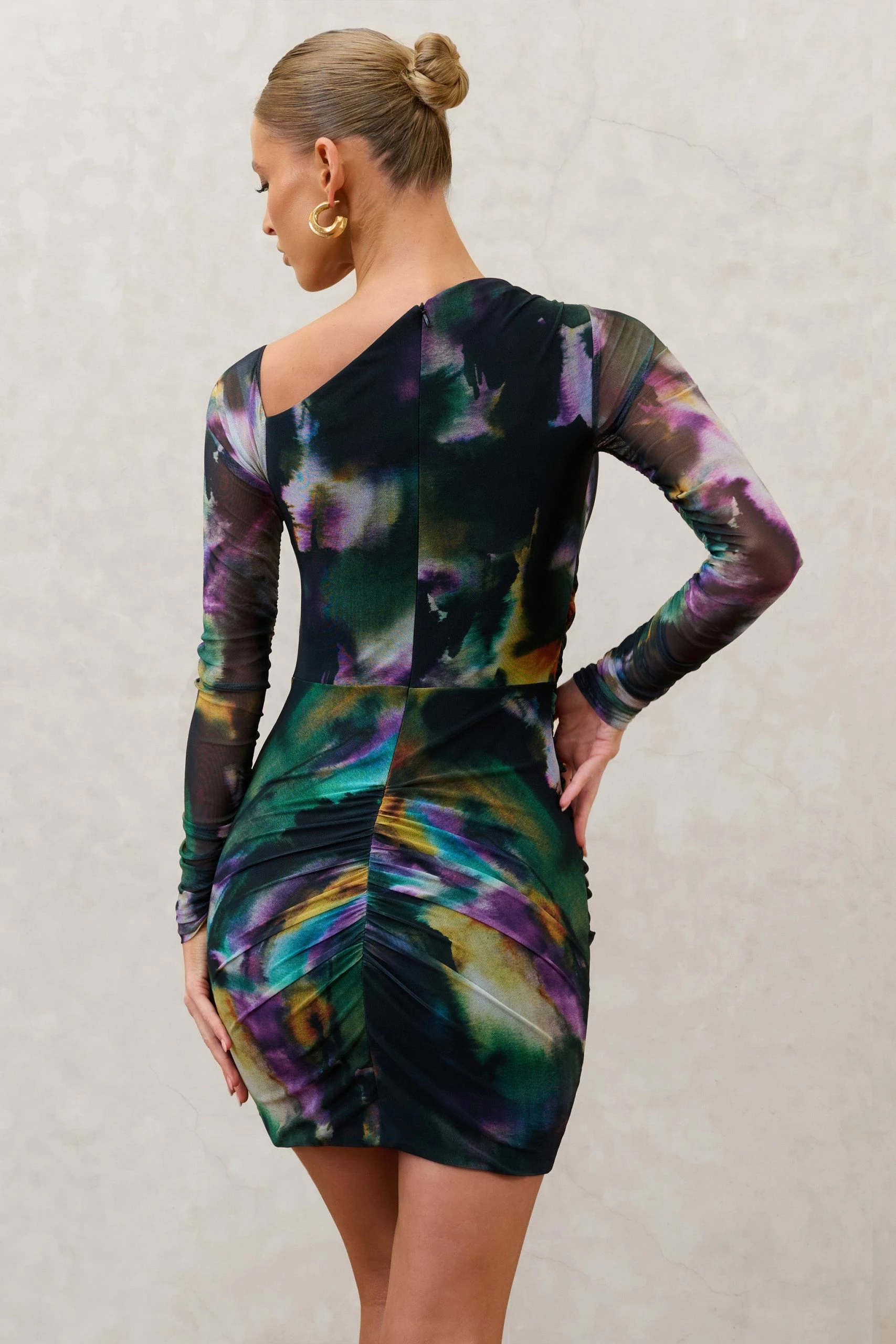 Aphrodite | Watercolour Print Asymmetric Ruched Side Mini Dress 4 Aphrodite | Watercolour Print Asymmetric Ruched Side Mini Dress - Image 2