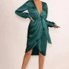 True Romance | Bottle Green Satin Plunge Neck Midi Dress With Belt Detail
