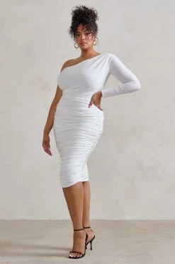 In The Shadows | White One Shoulder Midi Dress With Ruching 15 In The Shadows | White One Shoulder Midi Dress With Ruching -Dress Shop WB HR CL126671 InTheShadows BlackOneShoulderMidiDressWithRuching5