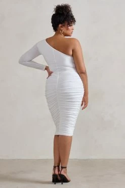 In The Shadows | White One Shoulder Midi Dress With Ruching 16 In The Shadows | White One Shoulder Midi Dress With Ruching -Dress Shop WB HR CL126671 InTheShadows BlackOneShoulderMidiDressWithRuching8