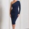 In The Shadows | Navy One Sleeve Midi Dress With Ruching -Dress Shop WB HR CL126671015 InTheShadowsNavyOneSleeveMidiDressWithRuching1