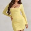 Muse | Lemon Long Sleeve Square Neck Ruched Mini Dress -Dress Shop WB HR CL126709 MuseLemonLongSleeveSquareNeckRuchedMiniDress0