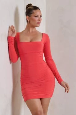 Muse | Coral Long Sleeve Square Neck Ruched Mini Dress 7 Muse | Coral Long Sleeve Square Neck Ruched Mini Dress -Dress Shop WB HR CL126709 Muse CoralLongSleeveSquareNeckRuchedMiniDress0