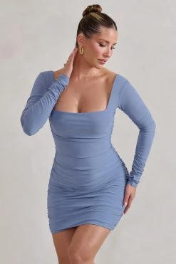 Muse | Cornflower Blue Long Sleeve Square Neck Ruched Mini Dress -Dress Shop WB HR CL126709 Muse CornflowerBlueLongSleeveSquareNeckRuchedMiniDressCornflowerBlue1 2