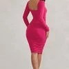 Seductress | Hot Pink Long Sleeve Square Neck Ruched Midi Dress -Dress Shop WB HR CL127075 SeductressHotPinkLongSleeveSquareNeckRuchedMidiDress5