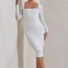 Seductress | White Long Sleeve Square Neck Ruched Midi Dress -Dress Shop WB HR CL127075 SeductressWhiteLongSleeveSquareNeckRuchedMidiDress0
