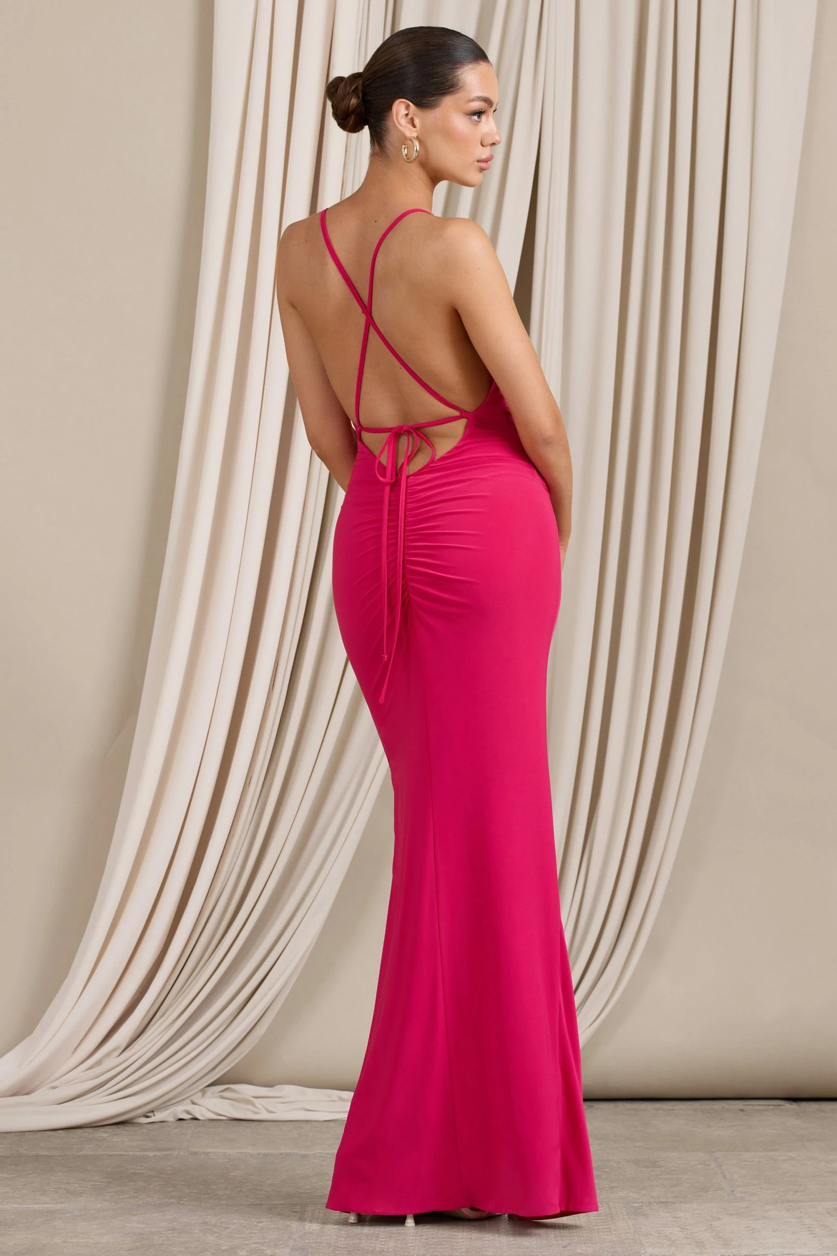 Future Love | Hot Pink Ruched Cowl Maxi Dress With Thigh Split 4 Future Love | Hot Pink Ruched Cowl Maxi Dress With Thigh Split - Image 2